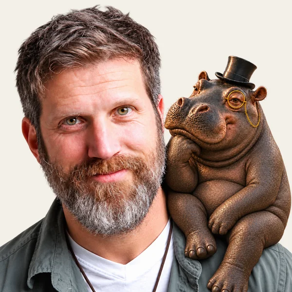 Dr. Moshe Daniel Block with a small hippo in a top hat on his shoulder