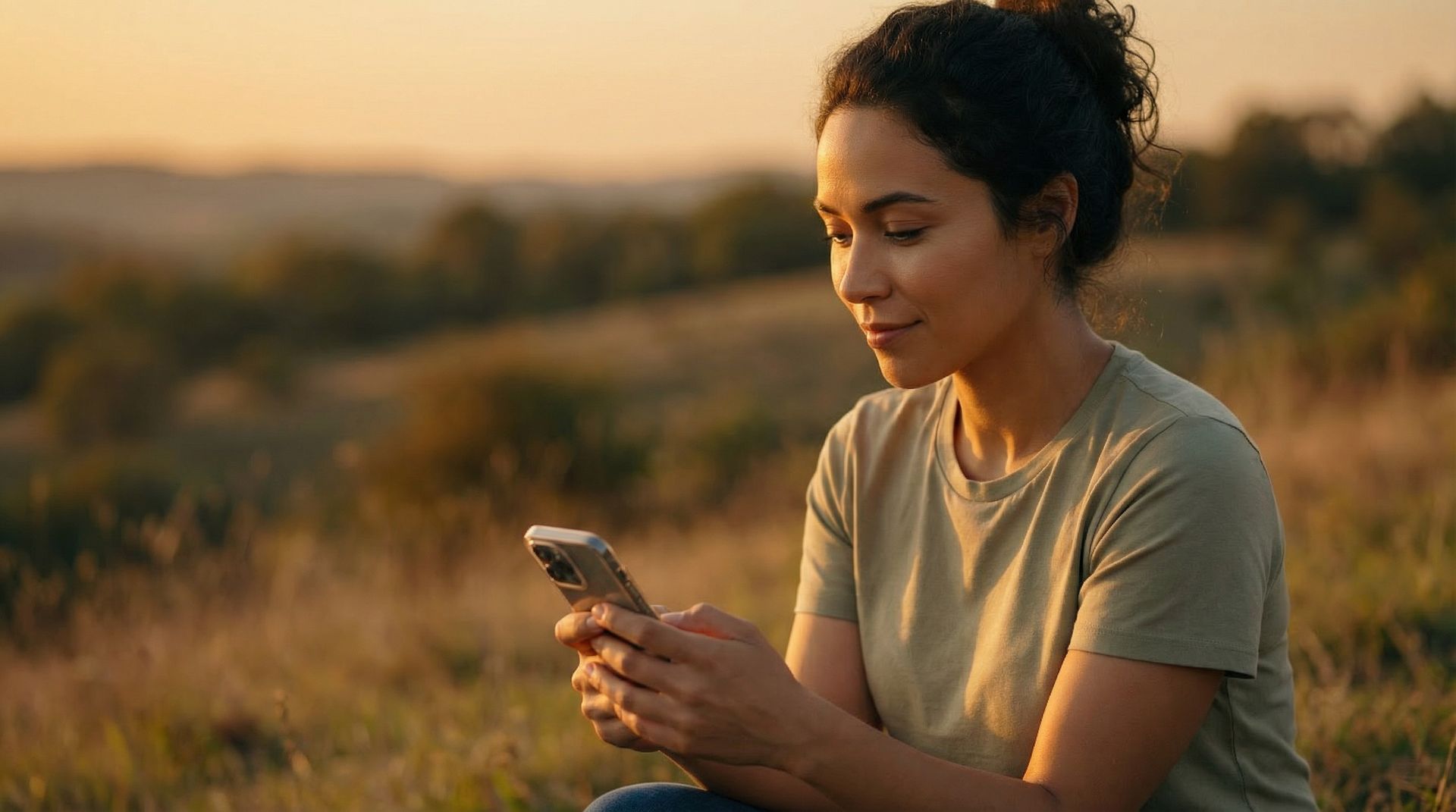 Woman in golden hour light using QuestionsHeal app